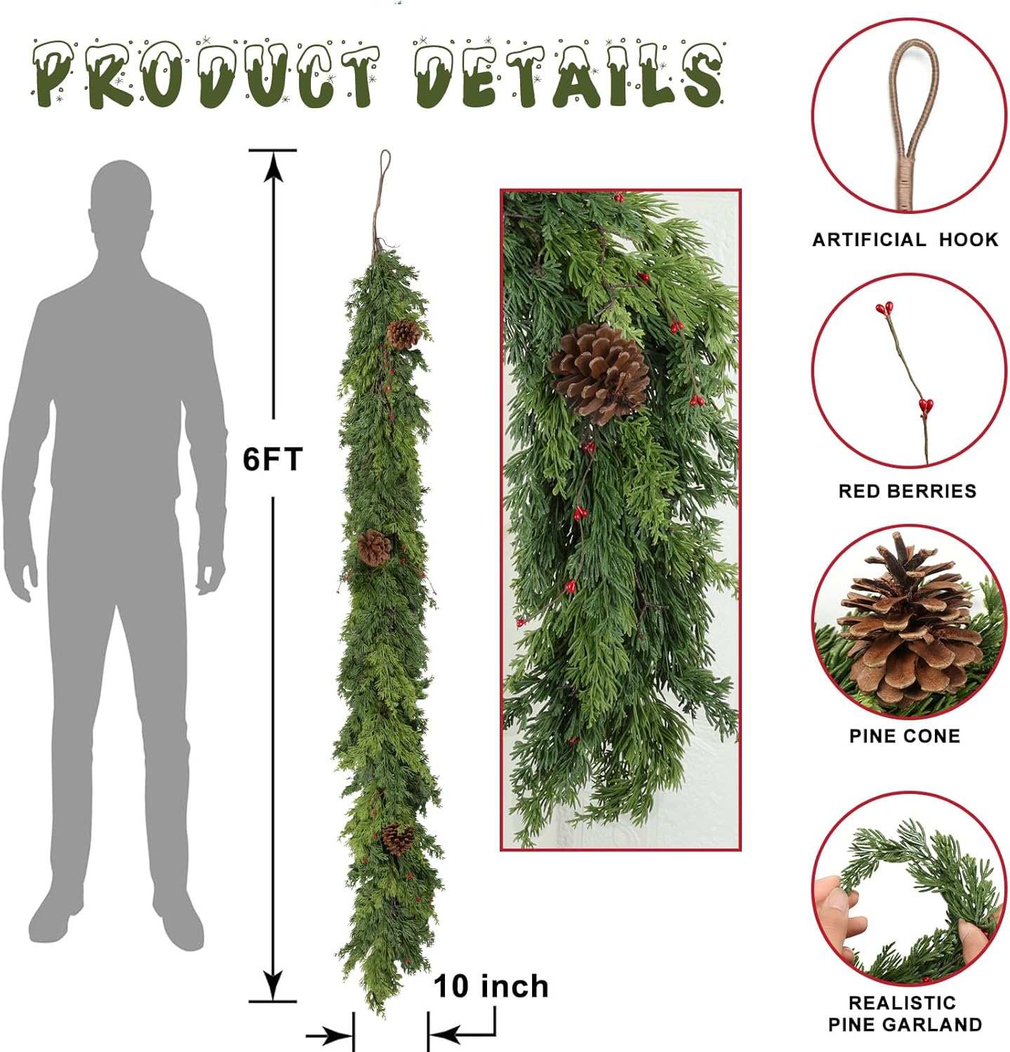 6 Ft Real Touch Christmas Garland with Pine Cone (Green Pine)