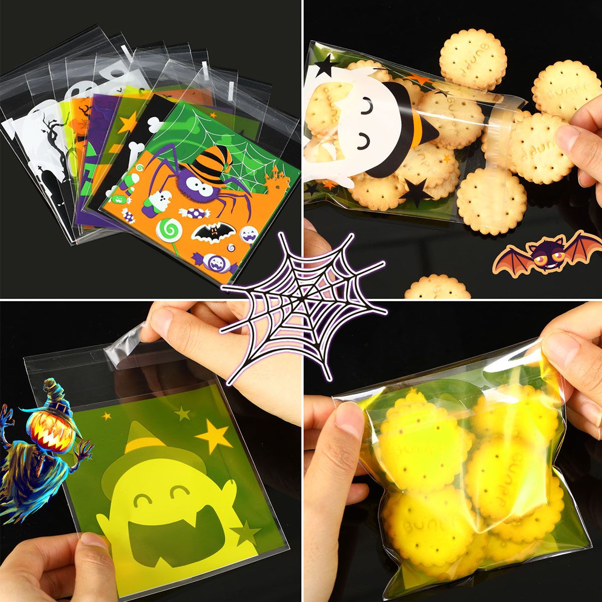 450 Pcs Halloween Cellophane Treat Bags  Self-sealing Clear Candy Cookie Bags Pumpkin Ghost Black Cat Skull Trick or Treat Bags for Halloween Birthday Trick or Treat Party Favors Supplies