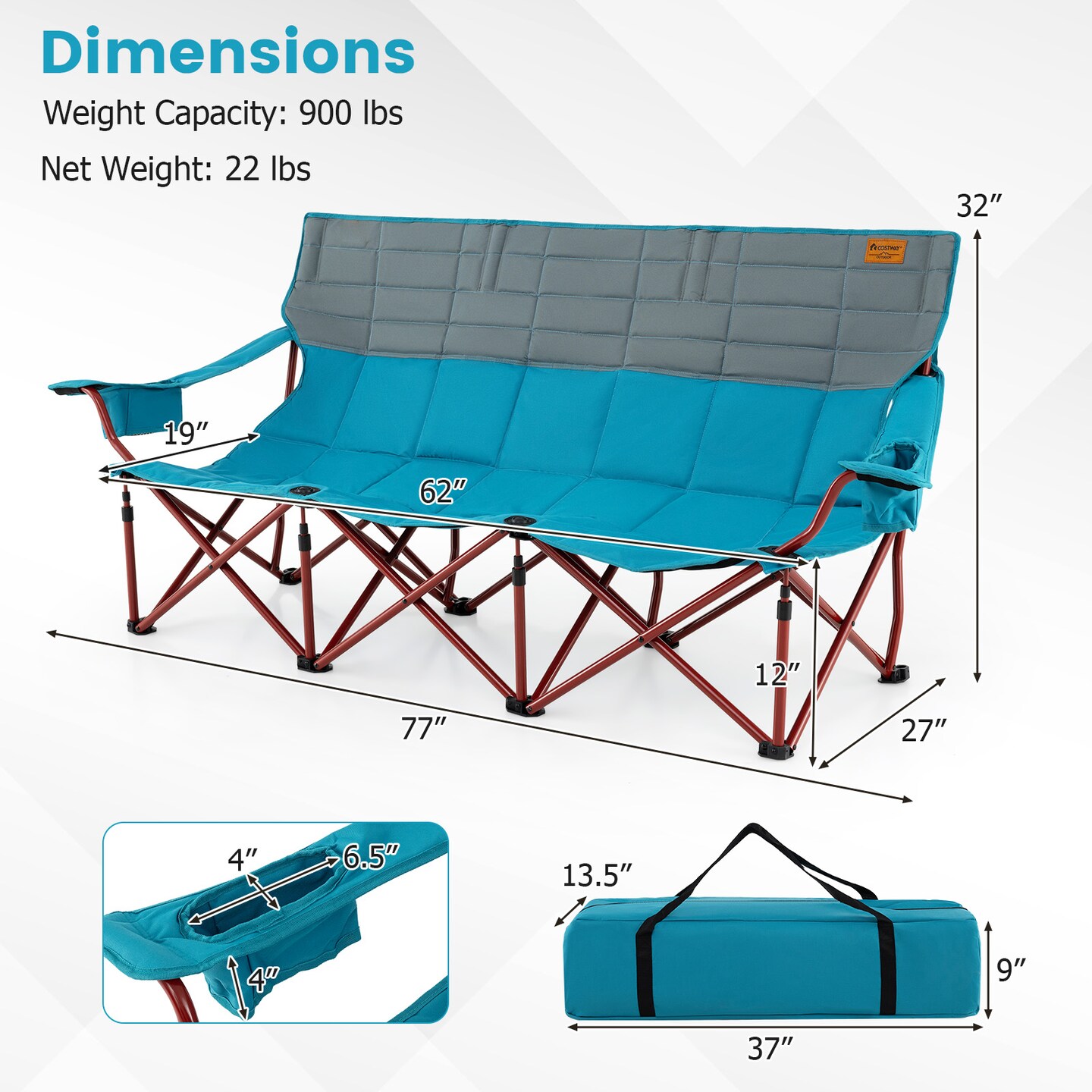 3-Person Folding Camping Chair with Cup Holders and Carry Bag