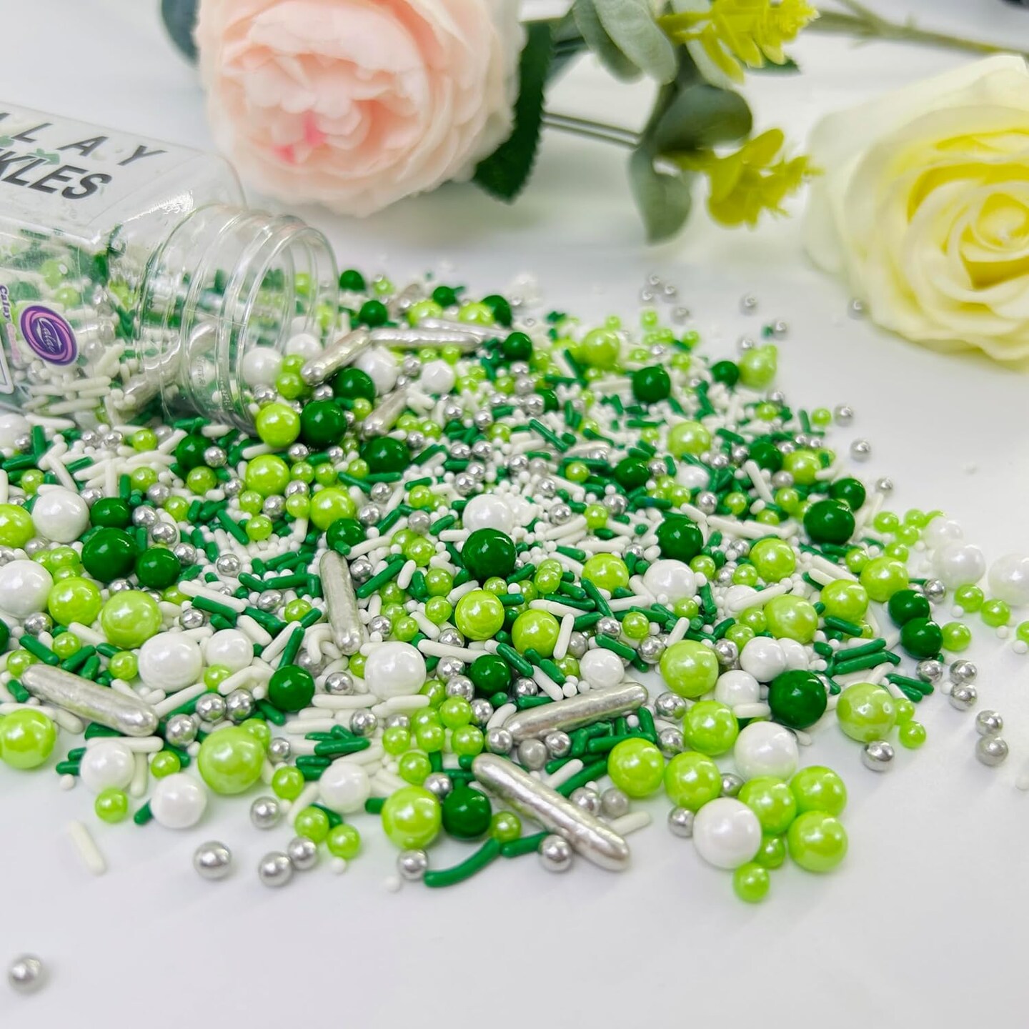 Green White Pearl Sprinkles for Cake Decorating, Cupcake Toppers(Green white)