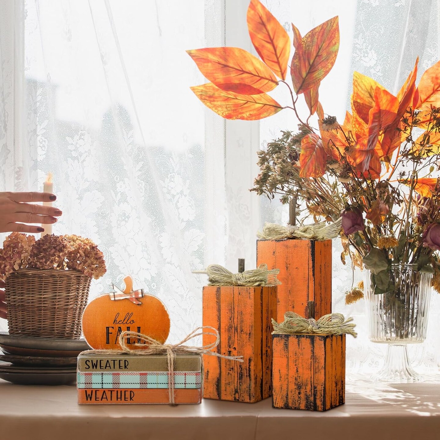 7-Piece Thanksgiving Wooden Harvest Decor Set – Retro Stacked Books, Pumpkin Block Signs & Table Centerpiece Bundle for Tiered Tray, Shelf, Office, Party & Fall Home Decoration