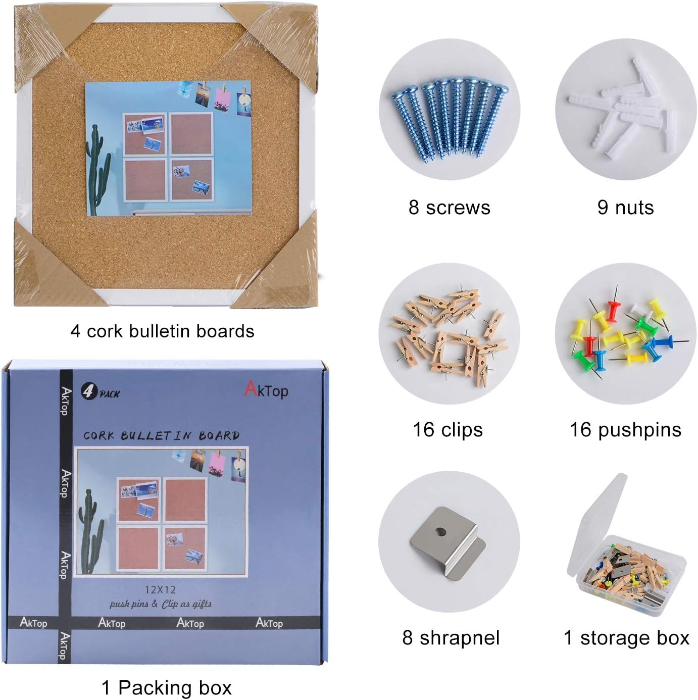 4 Pack Cork Bulletin Board with Push Pins and Wood Clips - 12x12 (White Framed)