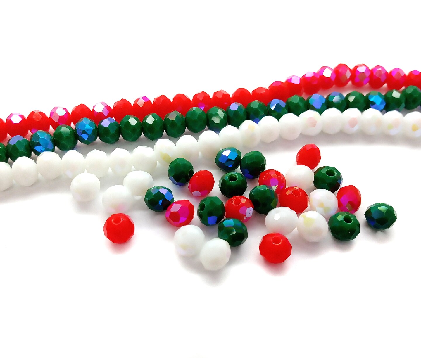 6mm Glass Beads in Christmas Colors, 3 12-in strands, Rondelles in Red Green &#x26; White, Adorabilities