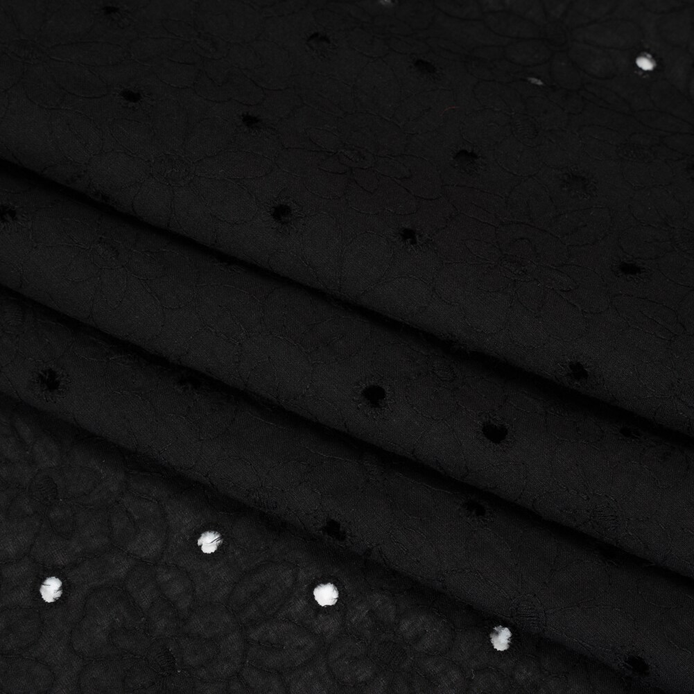 1 Yard Embroidered Eyelet Cotton Voile Black Field of Flowers Fabric 54 inch Width