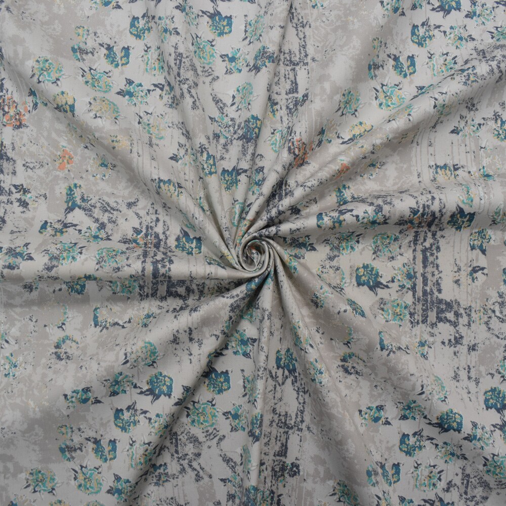 Teal-Multi Cotton Floral Texture Printed Stretch Twill Sateen Woven Fabric By the Yard