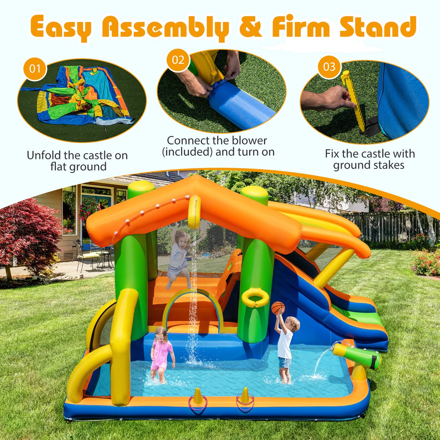 Multicolor 8-in-1 Inflatable Water Park for Kids with Slide Jumping Area Climbing Wall Basketball Football Ring Toss Splash Pool Ages 3 to 12