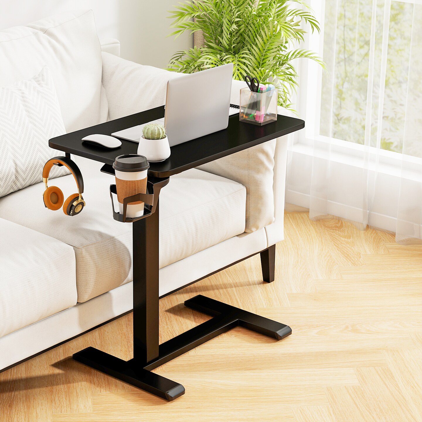 Adjustable Height Overbed Table with Cup Holder and Wheels