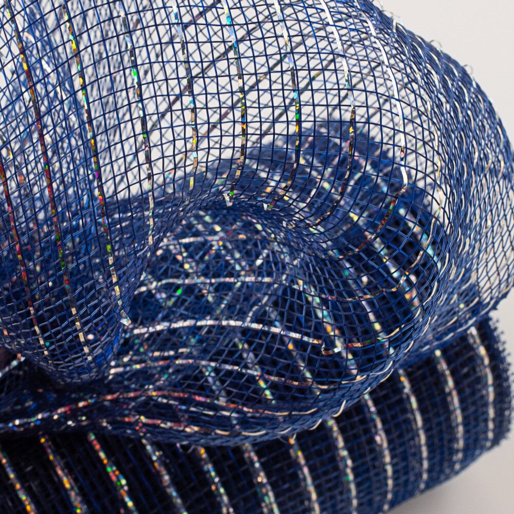 10&#x22; Poly Deco Mesh Ribbon: Metallic Navy Blue &#x26; Silver (10 Yards)