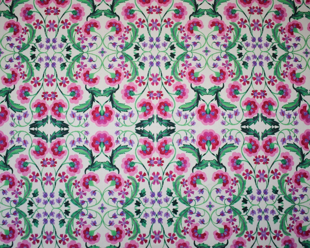 Pink-Purple-Green-Multi Cotton Floral Trellis Printed Broadcloth Woven Fabric By the Yard
