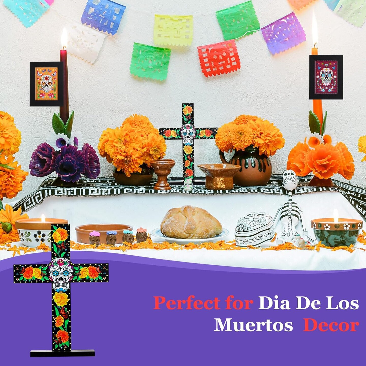 Day of the Dead Cross Table Decor Dias De Los Muertos Ofrenda Decorations Wooden Mexican Sugar Skull Cross Day