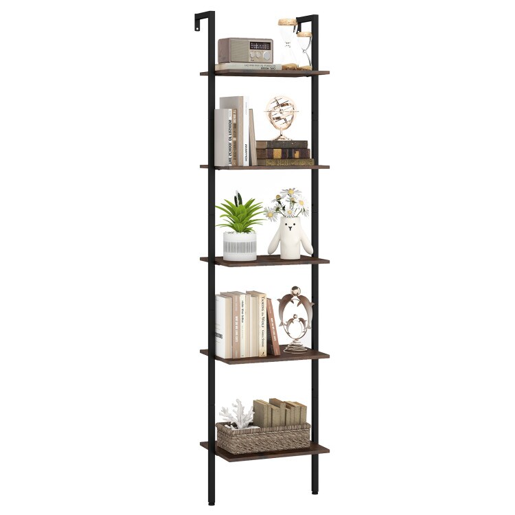 Rustic Brown-Black Metal Ladder Bookshelf 5-Tier Wall-Mounted Shelf