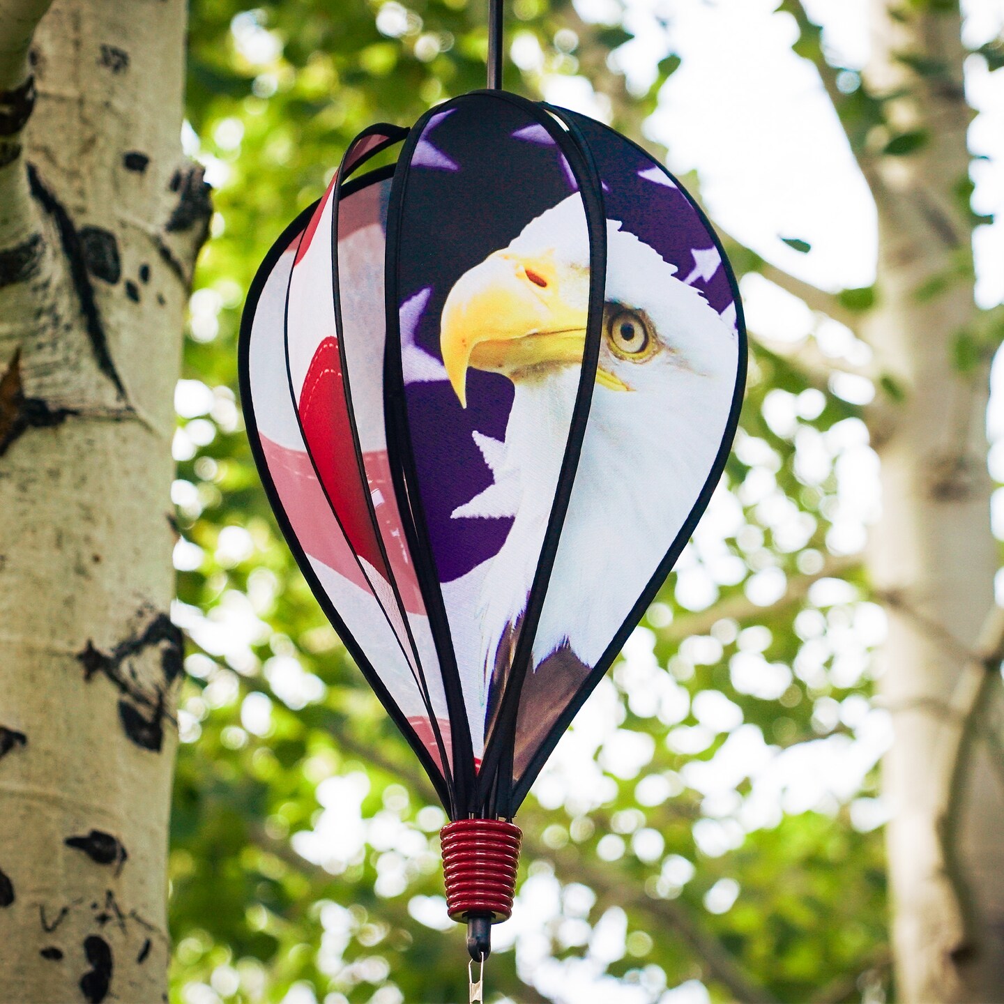 In the Breeze 0979 - American Flag and Eagle Hot Air Balloon Spinner - Outdoor Hanging Decoration