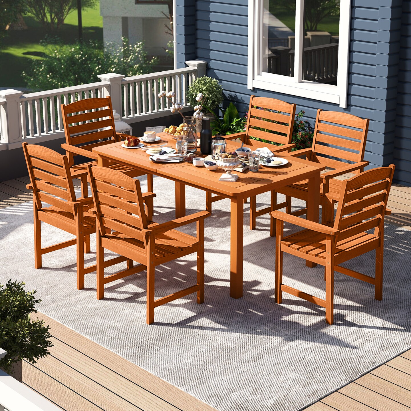 7-Piece Patio Dining Set Teak Wood Table and 6 Outdoor Chairs
