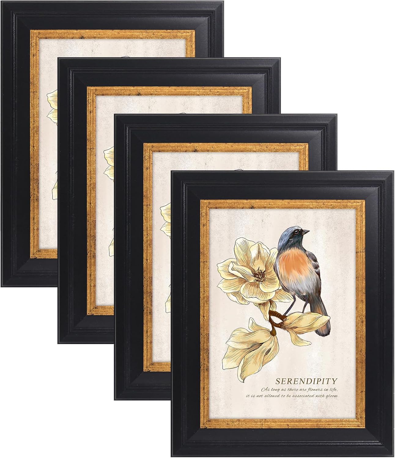 4 Pack Vintage Rustic 5x7 Picture Frame with Plastic Cover (Black)