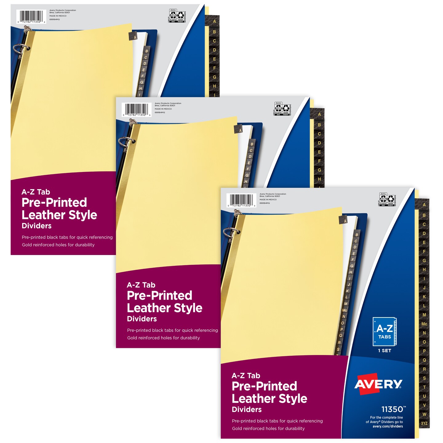 Avery A-Z Dividers for 3 Ring Binders, 25 Tabs per Set, Pre-Printed Black Leather Tabs (3 Sets of 21350)
