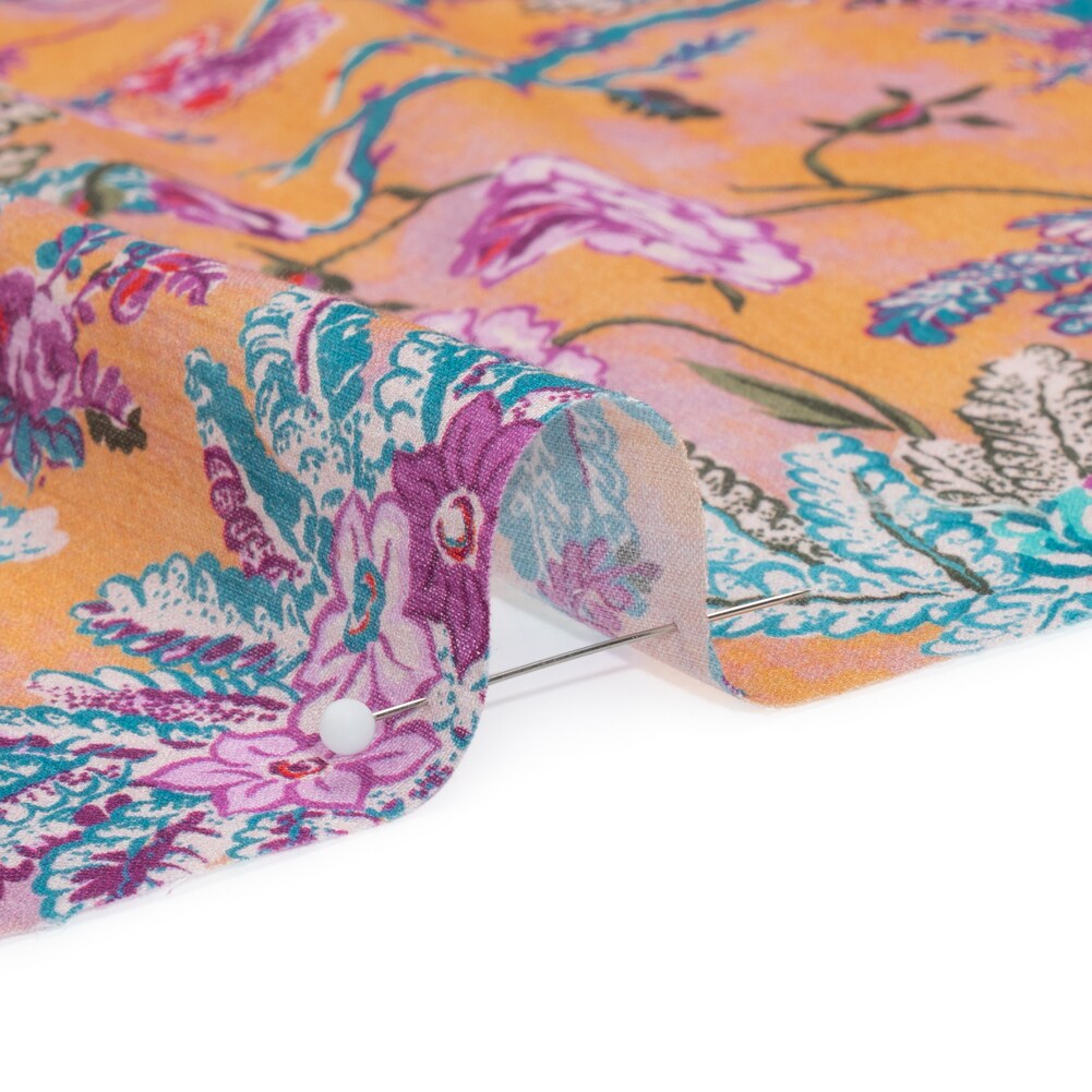 1 Yard Creamsicle Pink and Blue Crinkled Cotton Gauzy Woven Floral Fabric