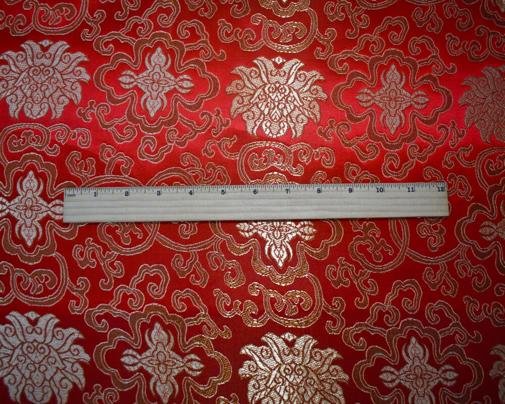 Red-Yellow-Multi Polyester Floral Crest Vine Chinese Brocade Woven Fabric By the Yard