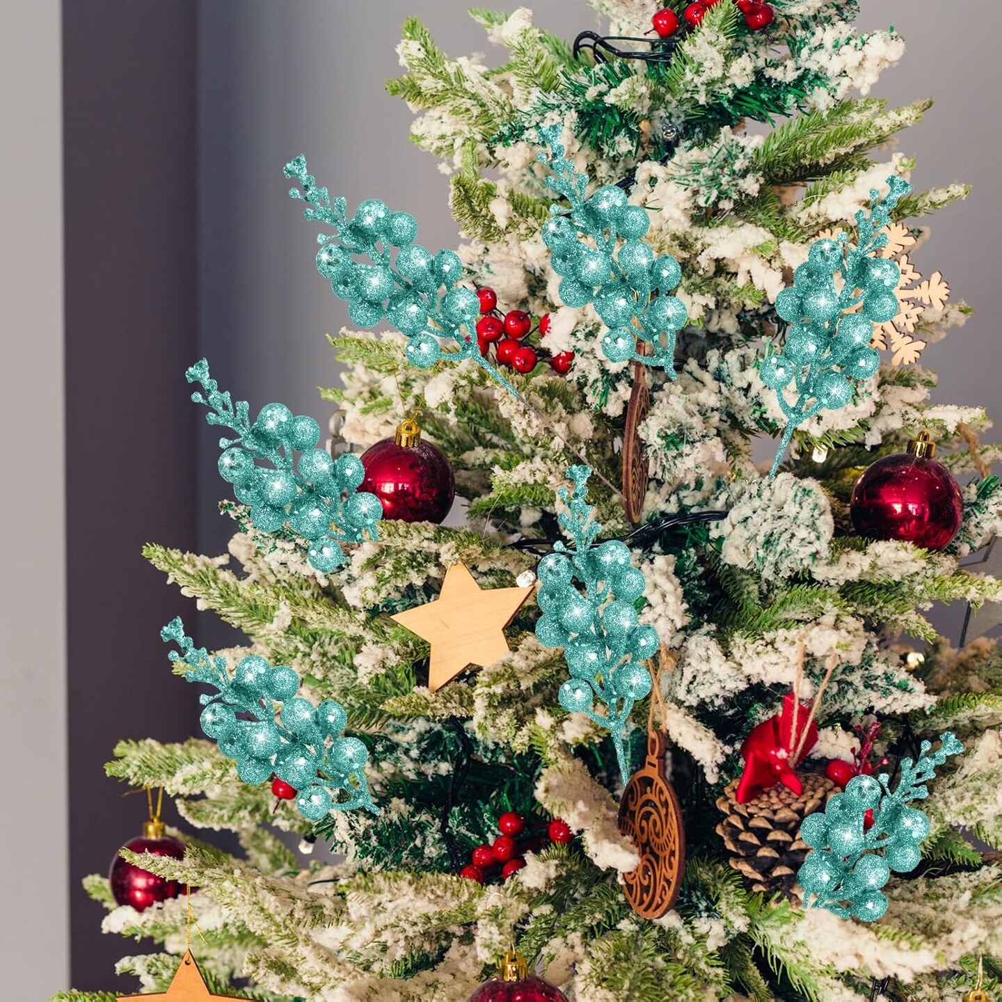 Christmas Glittered Berries Stems (Turquoise)