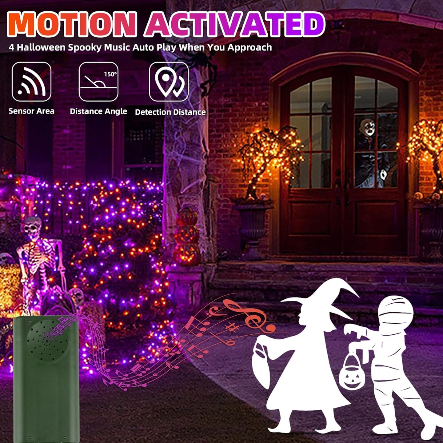 Halloween Lights 33ft 100 LED Battery String Lights with Motion Sensor,2 Colors(Motion Sensor Purple+Orange & Music)