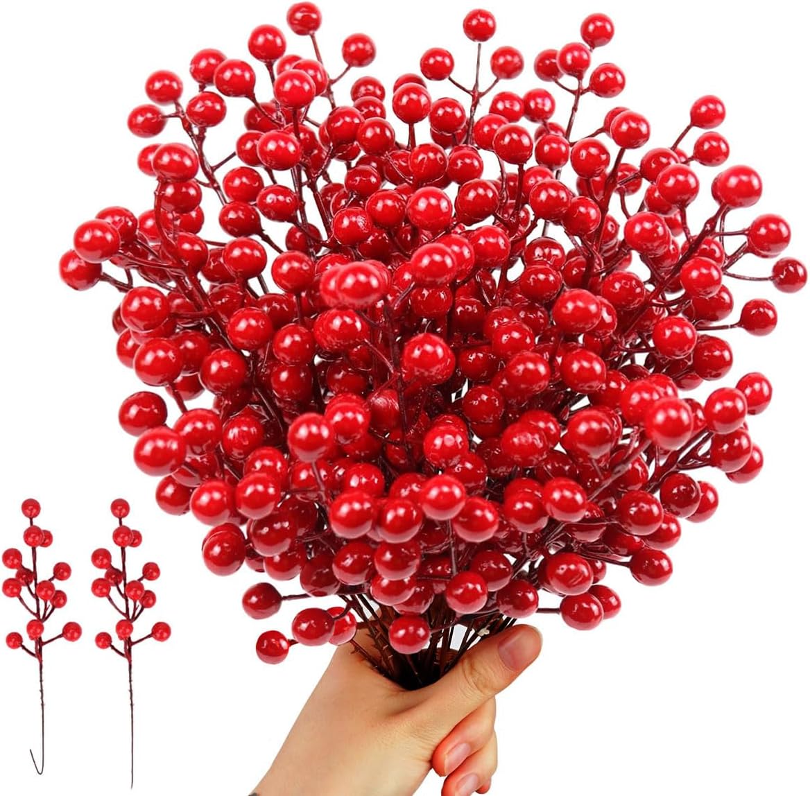 Fake Red Berry Christmas Picks – 30 Pcs Holly Berry Artificial Branches for Christmas Tree Decorations – Red Christmas Ornaments (Red)