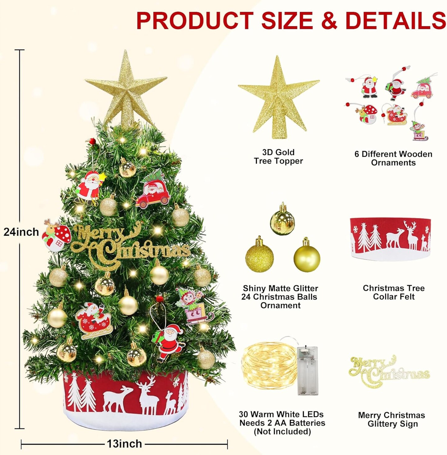 24 Inch Mini Tabletop Christmas Tree with Timer 30 LEDs &#x26; 34 Ornaments (Green Red Gold)