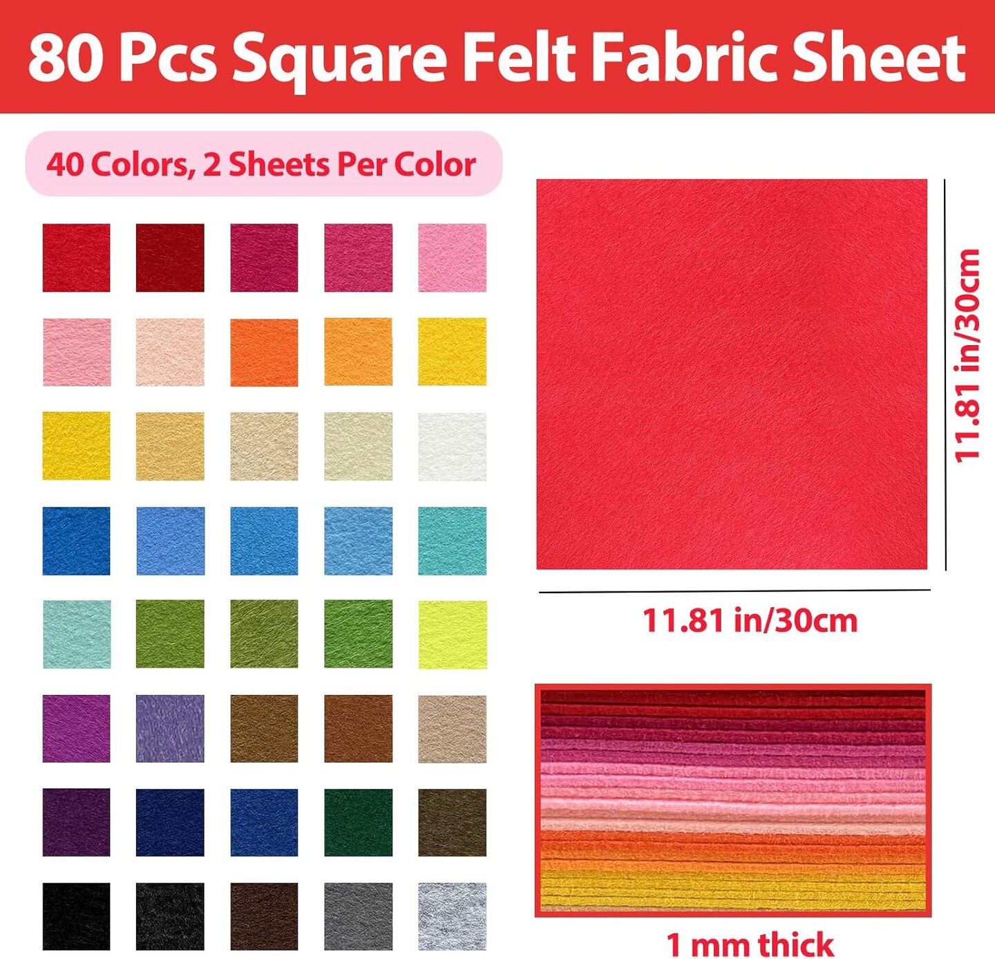 80 PCS Wool Blend Felt Sheets for Crafts 1 mm Thickness, 40 Color 11.8 x 11.8 Inch Assorted Stiff Felt Squares Bulk for Sewing Patchwork School DIY Projects Decoration