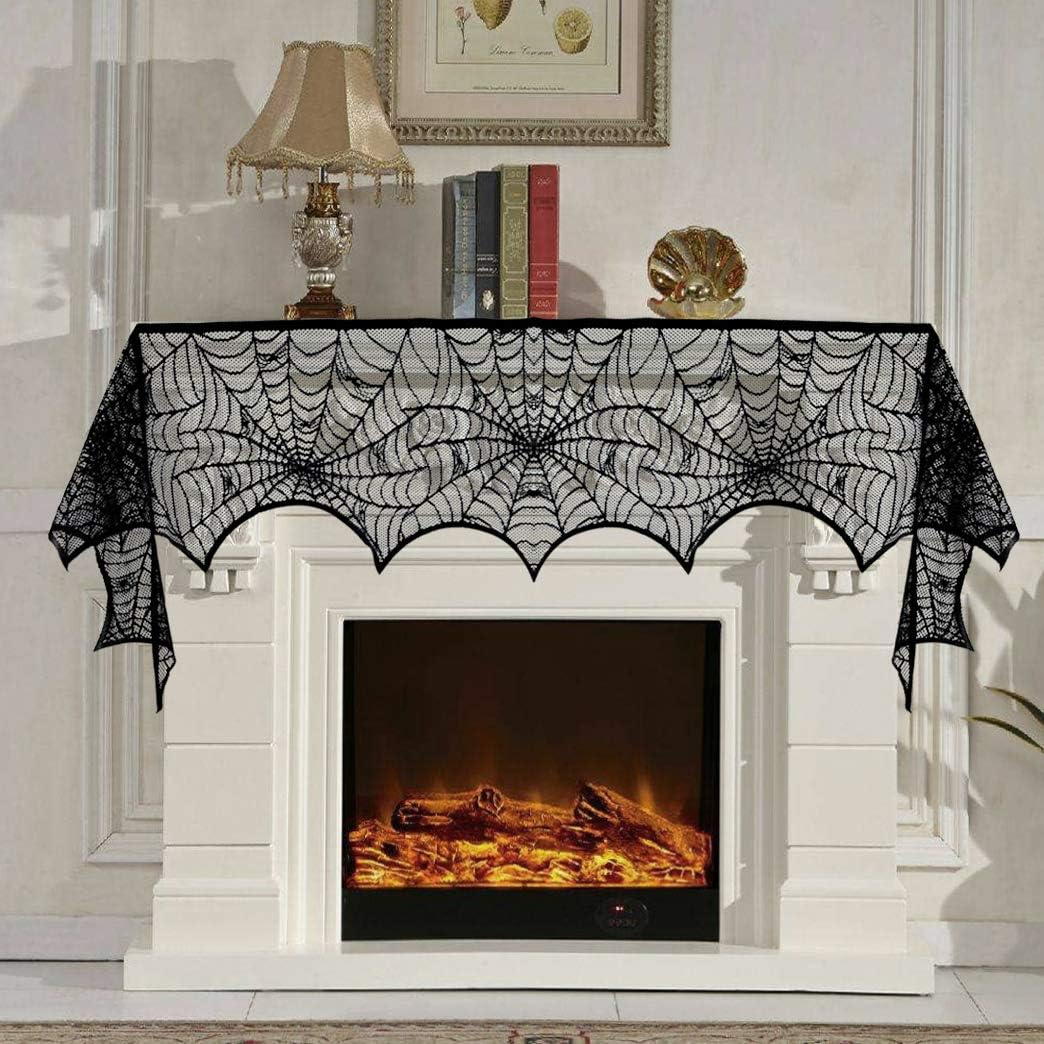 5-Pack Halloween Table & Fireplace Decor Set – Black Lace Spider Web Tablecloth, Mantel Scarf, Lamp Shade & 36PCS 3D Bat Wall Stickers for Spooky Home, Party & Haunted House Decoration
