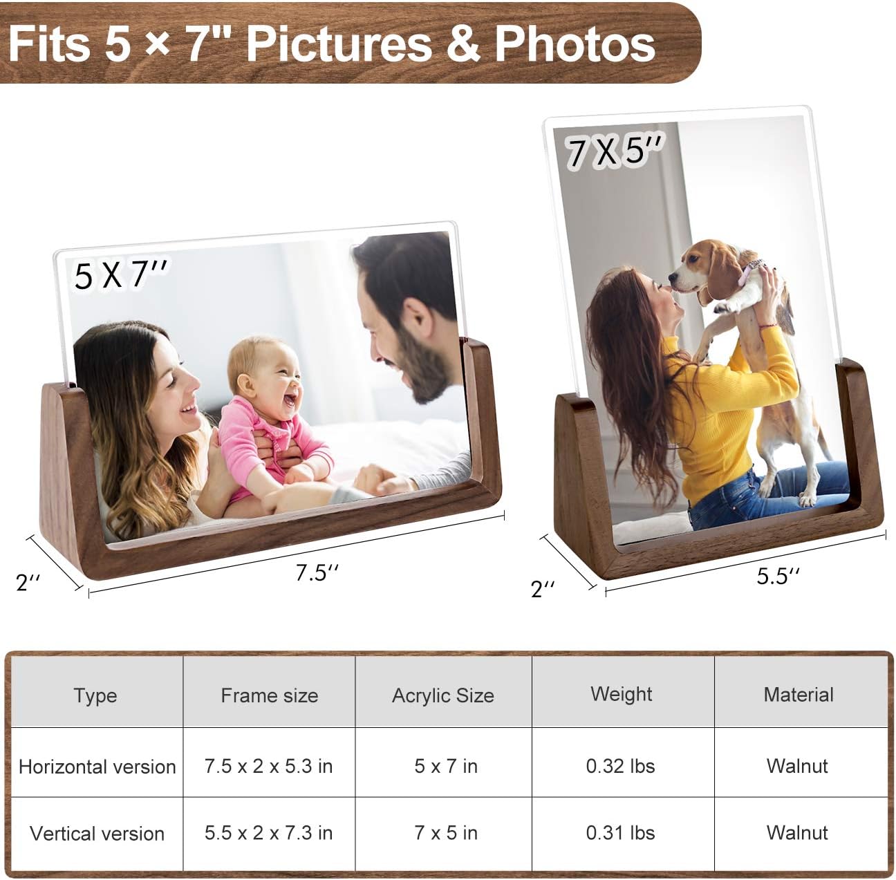 2 Pack 5x7 Inch Rustic Wooden Photo Frames with Walnut Base and Acrylic Glass (Horizontal + Vertical)