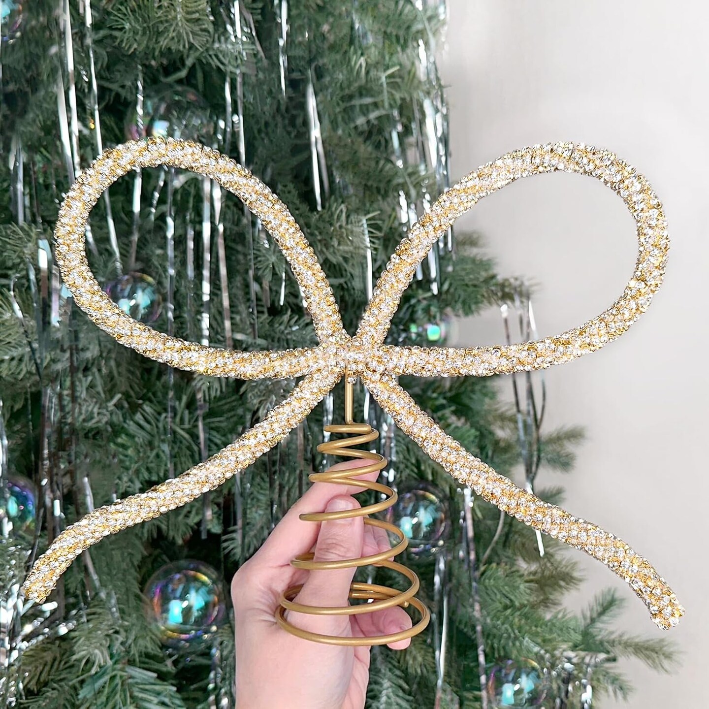 Christmas Decor - Gold Glass Rhinestone Bow Tree Topper(Gold)