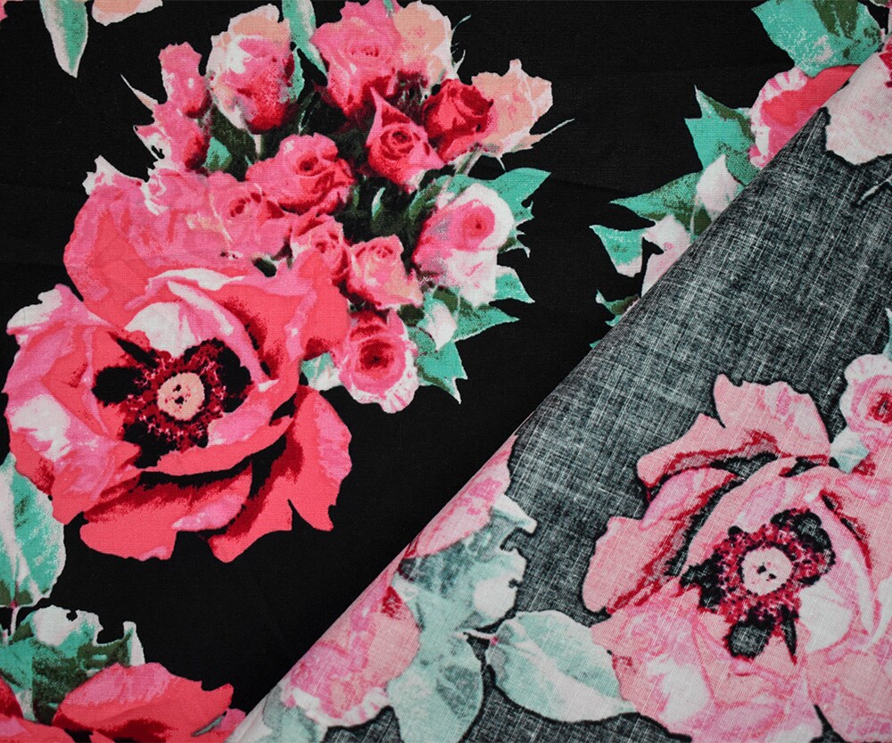 Black-Green-Pink Cotton Floral Print Stretch Spandex Poplin Woven Fabric By the Yard