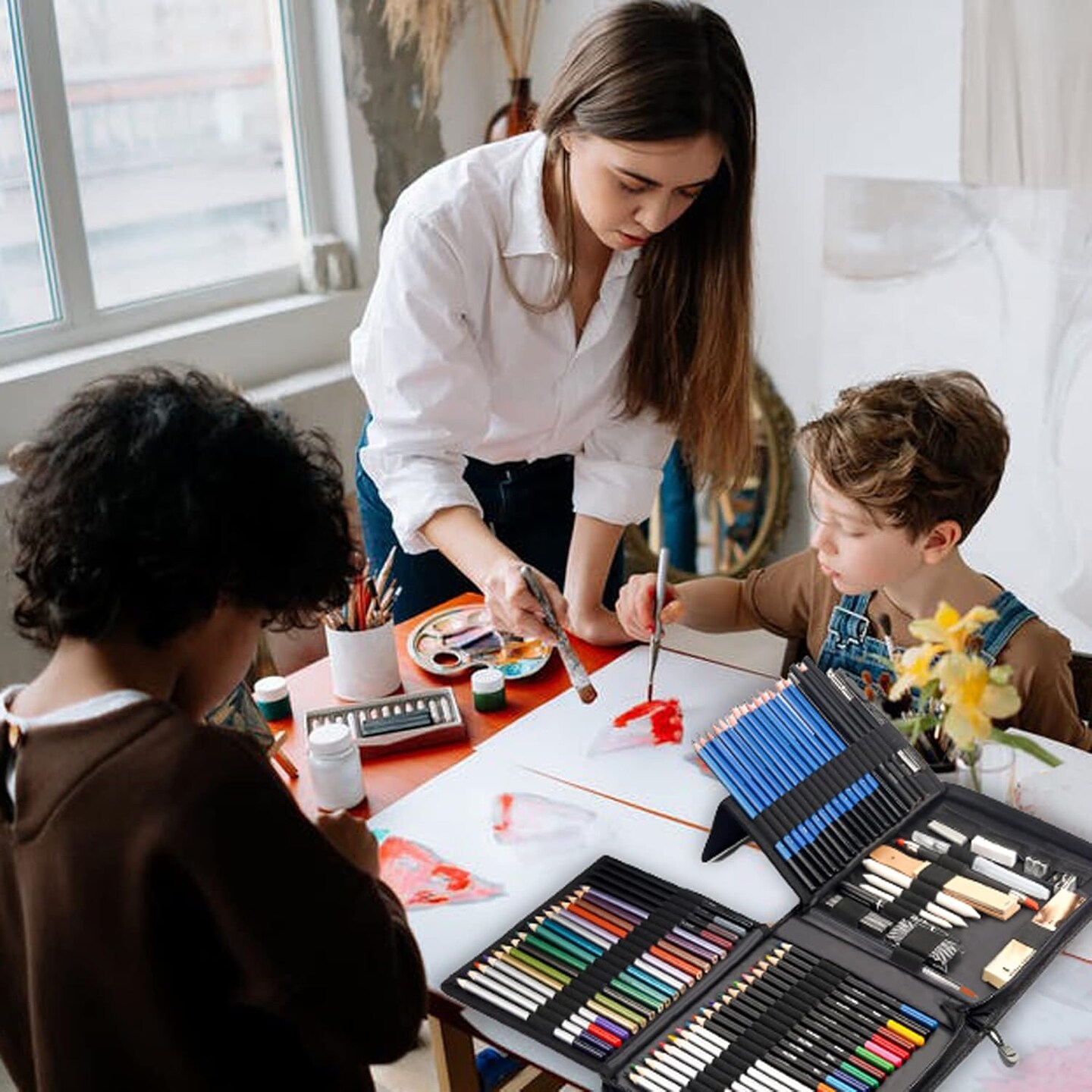 82 Pack Drawing Sketching Kit, Pro Art Supplies with Sketchbook, Include Tutorial,Colored (Black)