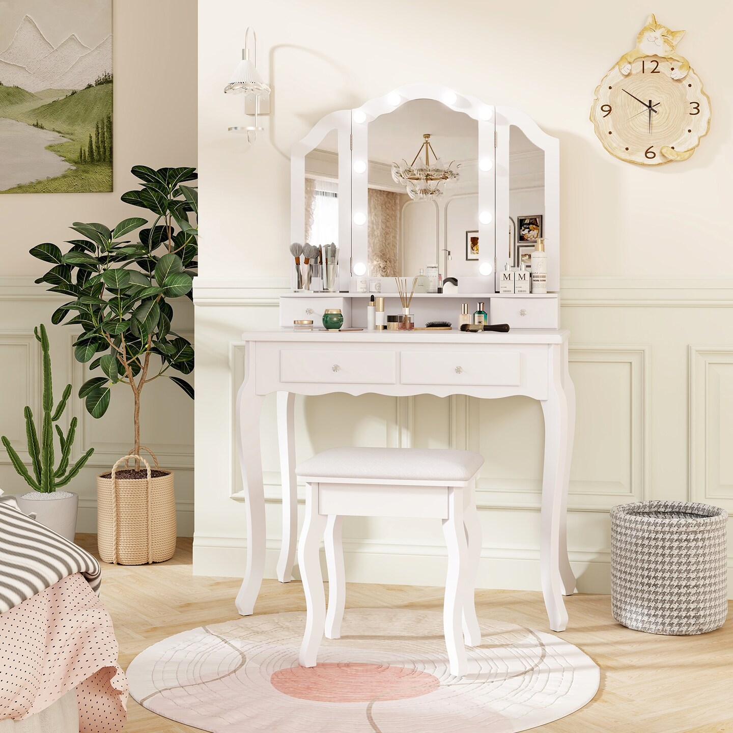 Makeup Vanity Table Set with Lighted Mirror and Drawers-White
