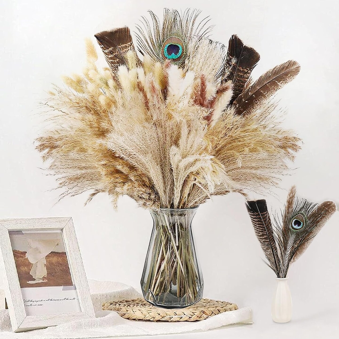 2-in-1 Pampas Grass Decor - 100pcs Dried Pampas Grass with Natural Feathers Boho Flowers Arrangement for Vase,Home Wedding Party Centerpiece and Rustic Farmhouse Decor