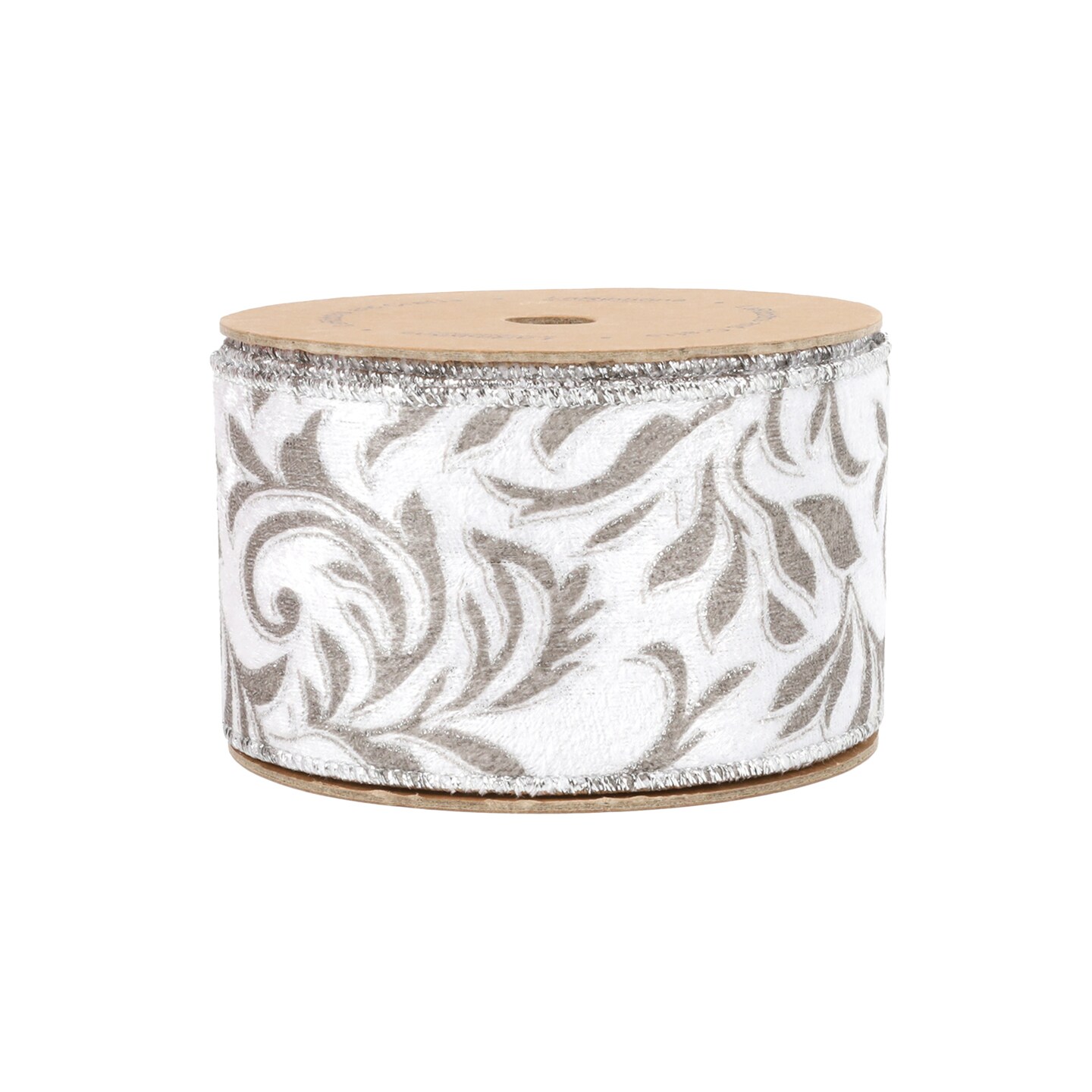 LaRibbons 2 1/2" Wired Ribbon "Scroll" White/Silver, 10 Yard Roll