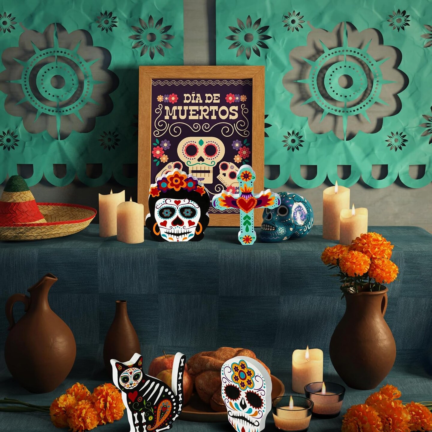 4pcs Day of the Dead Wooden Table Topper Centerpiece Signs, Mexican Dia De Los Muertos Cross Sugar Skull Skeleton