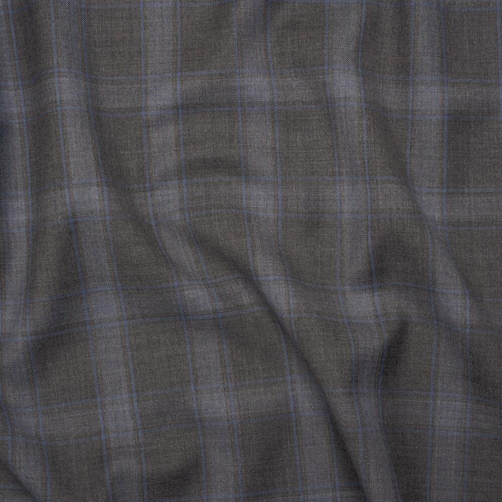 1 Yard Super 130s Wool Twill Suiting Gray and Sky Blue Plaid 60 inch Width