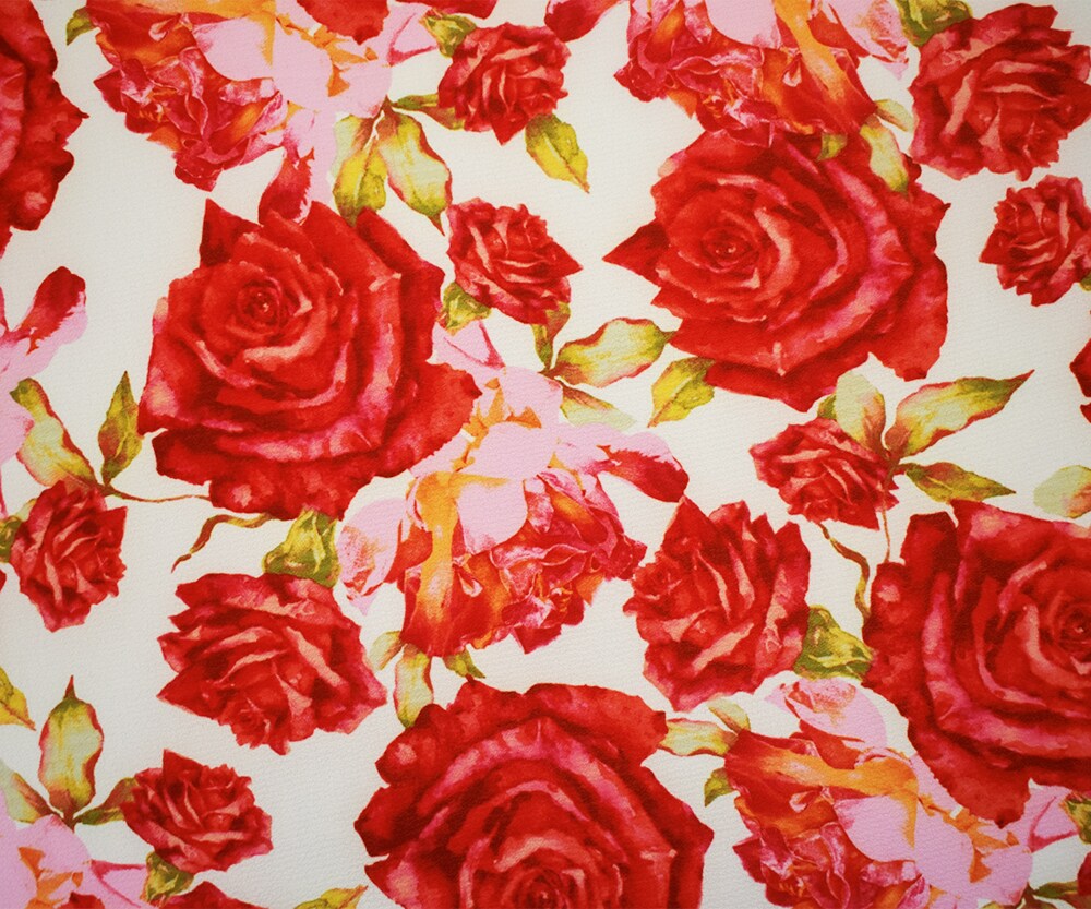 Red-Pink-Multi Poly Floral Printed Pebble Crepe Woven Fabric By the Yard