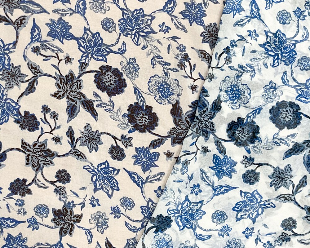Blue-White Poly Floral Printed Chiffon Woven Fabric By the Yard
