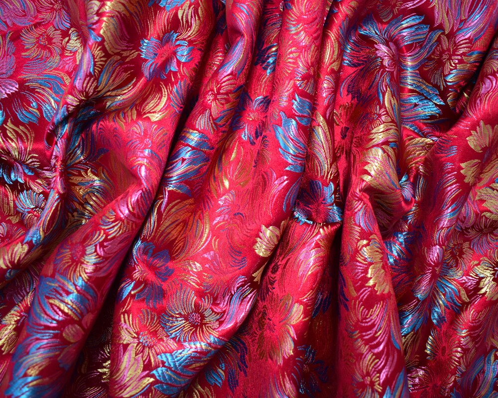 Red-Blue-Multi Polyester Floral Chinese Brocade Woven Fabric By the Yard