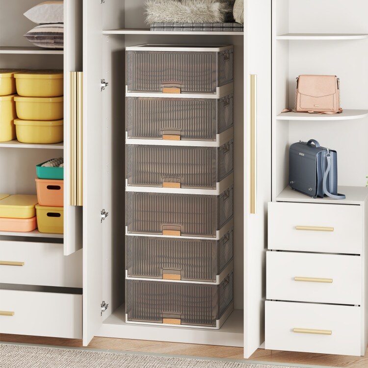 Stackable Storage Bin With Wheels Foldable Cube Organizer For Closet Bedroom Pantry White Brown PP ABS