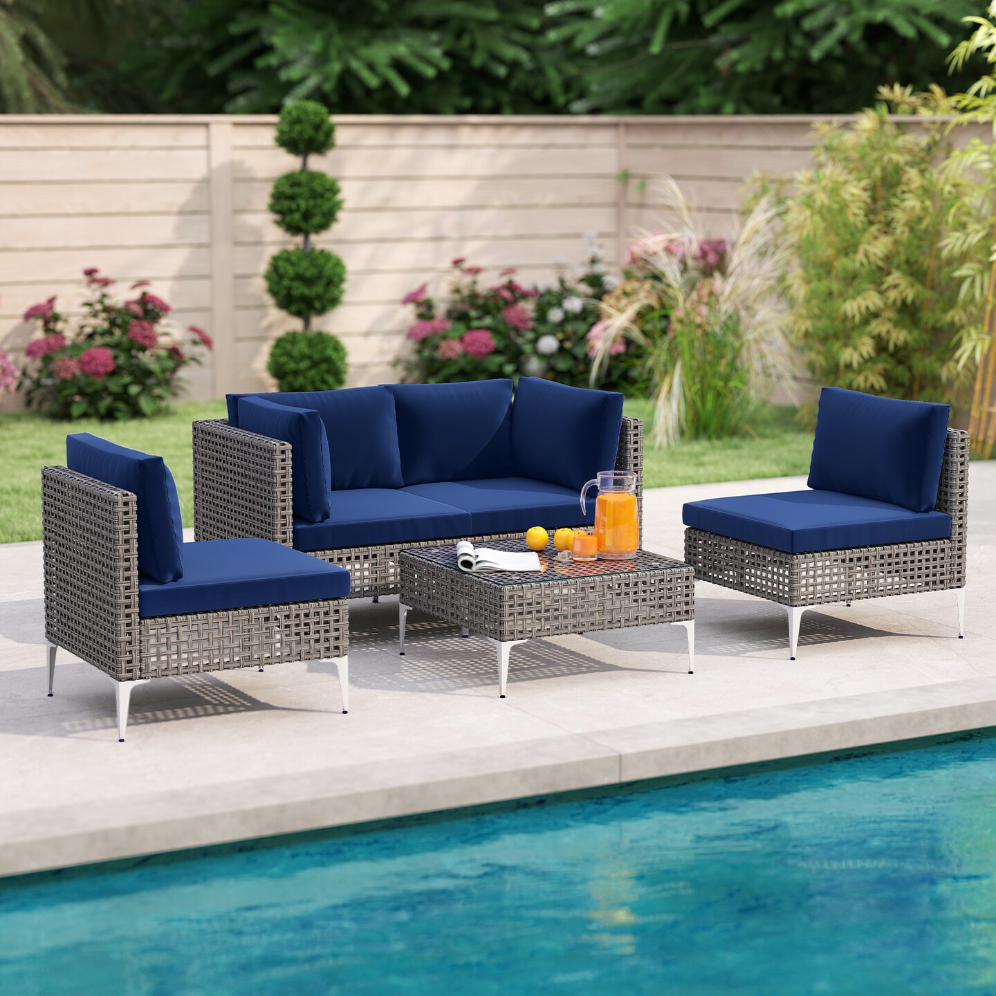 Patio Furniture Set 5-Piece Rattan Chairs with Glass Coffee Table