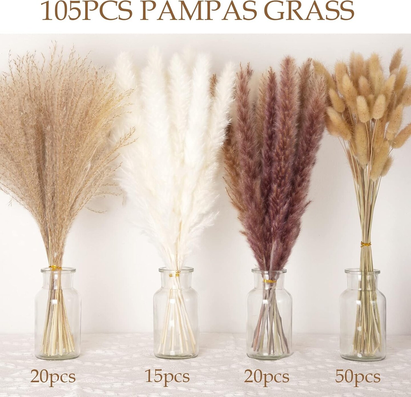 105PCS Natural Boho Wedding Flowers with Bunny Tails &#x26; Reed Grass(Natural,white,brown,beige)