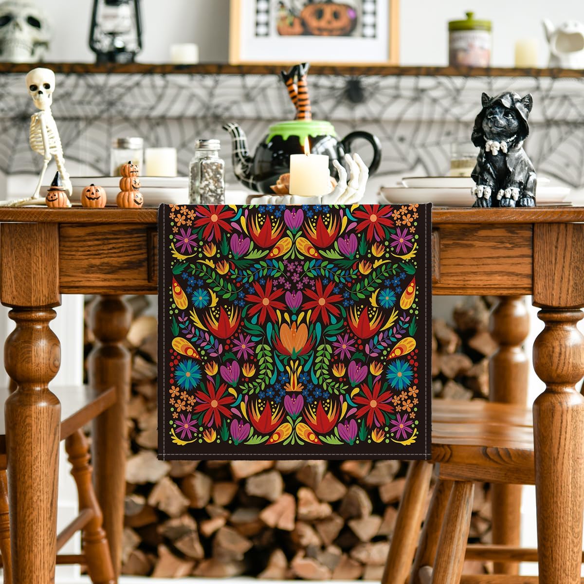 Dia De Los Muertos Floral Fiesta Mexican Table Runner, Mexico Day of The Dead Kitchen Dining Table Decoration 13x72 Inch