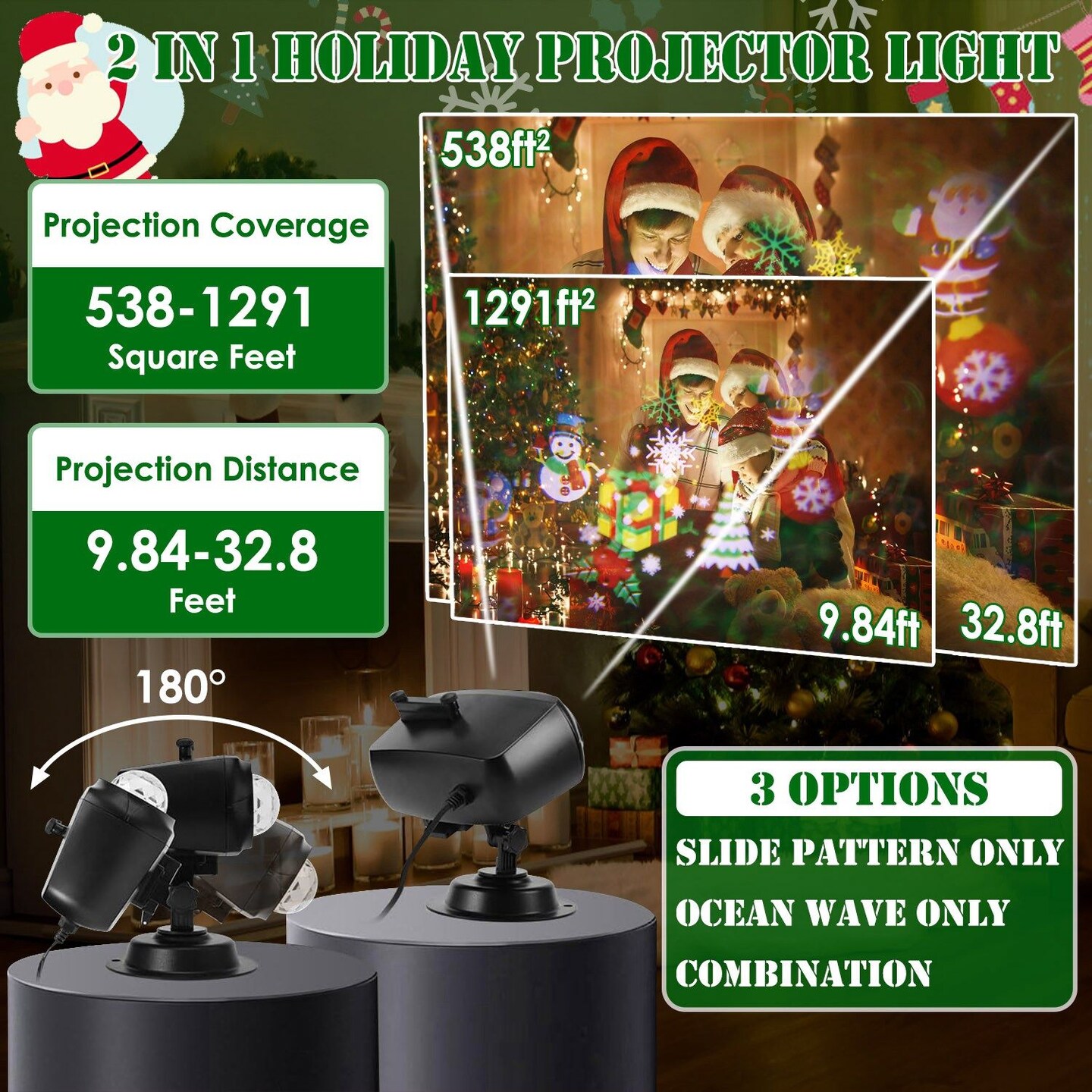 2 In 1 Holiday Projector Light Projection Lamp Indoor Outdoor with 10-Color Ocean Wave 10 HD Slides 3 Bases Remote Control for New Year Valentine&#x27;s Day Christmas Halloween Thanksgiving Easter
