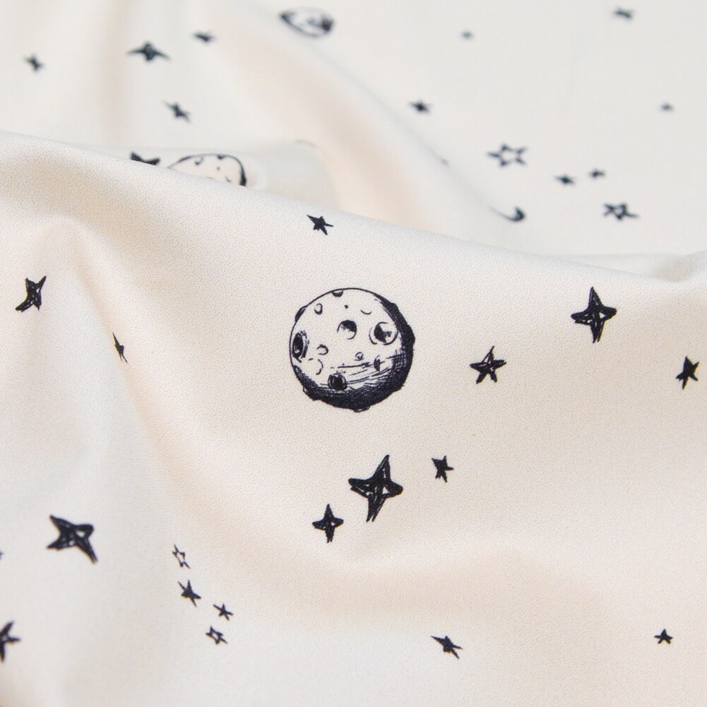 1 Yard White Stars and Moons Black and Beige Stretch Cotton Sateen Fabric