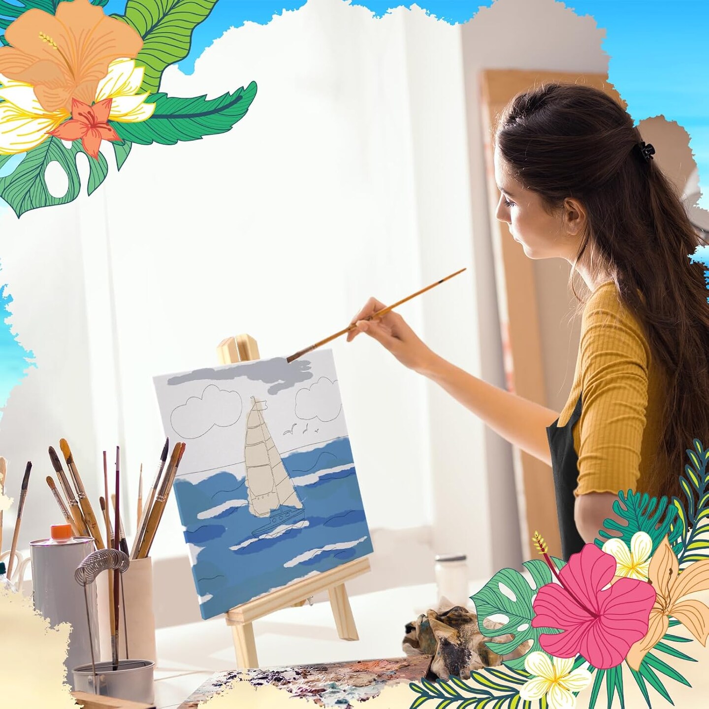 12 Sets Pre Drawn Canvas Painting Kit with Easels - 8x10 Inches (Beach)