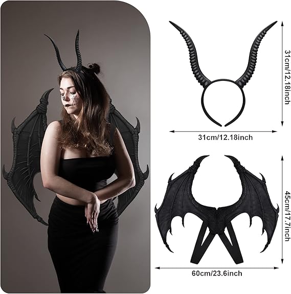 Women&#x27;s Black Demon Costume Accessories - Devil Horns and Wings Set for Halloween