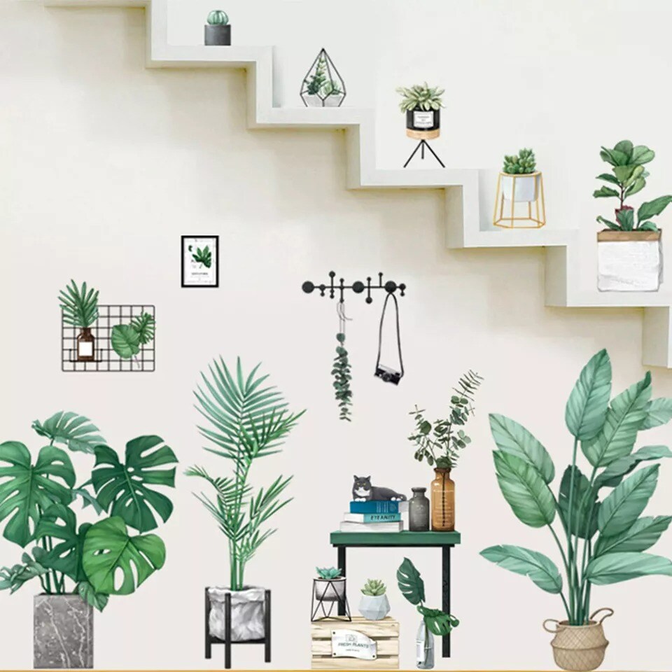 Green Wall Stickers Potted Plants Removable PVC Living Room Home Decorations