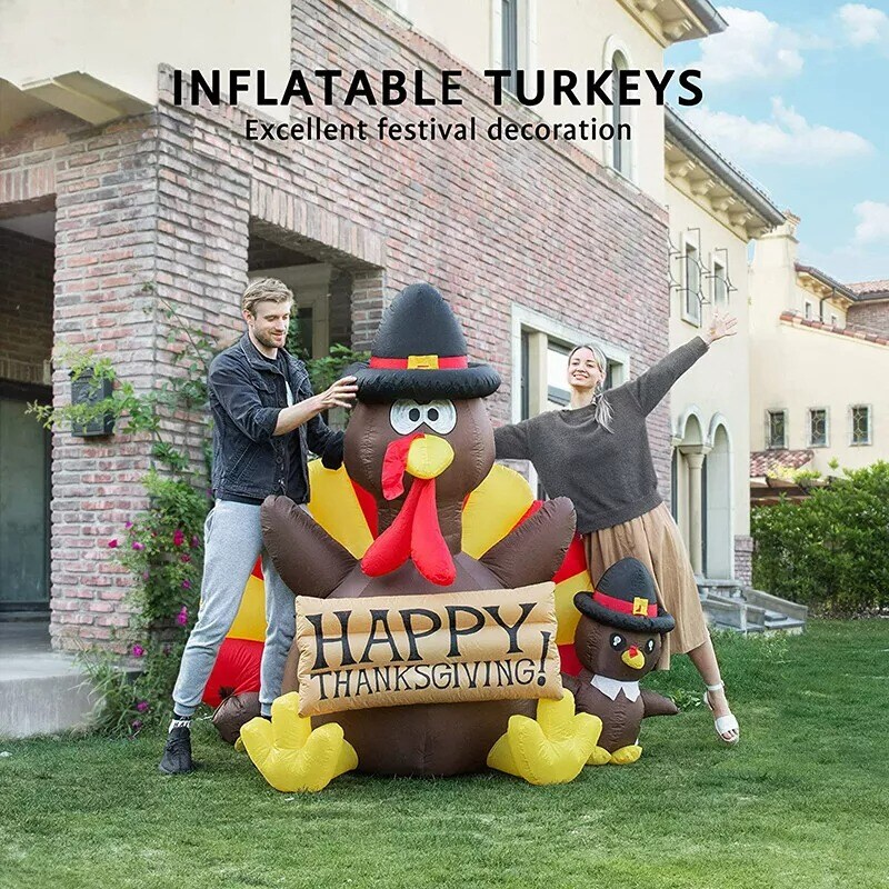 2pcs 6ft Thanksgiving Inflatable LED Lighted Turkey Family Blow up Lawn Yard Dec