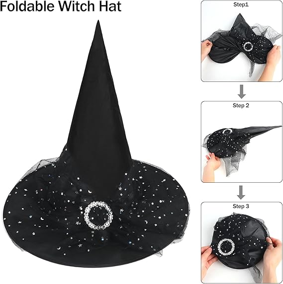 Witch Hats for Women, Adult Witch Vampire Halloween Costumes Accessories Black/Purple/Orange Foldable Lace Veils Hats for Cosplay Party